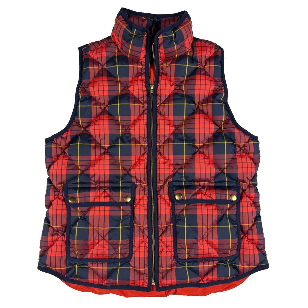J.Crew Red Plaid Quilted Puffer Vest Down Fill Navy Trim Gold Zip Women L
